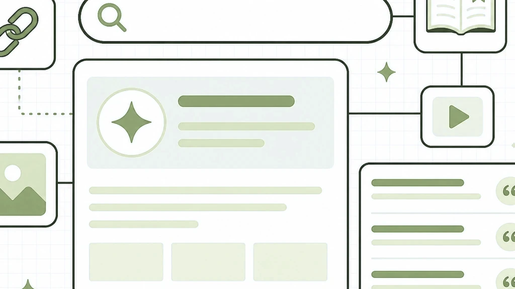 AI Search Explained: a search field feeding an AI overview panel with citation chips on a white grid