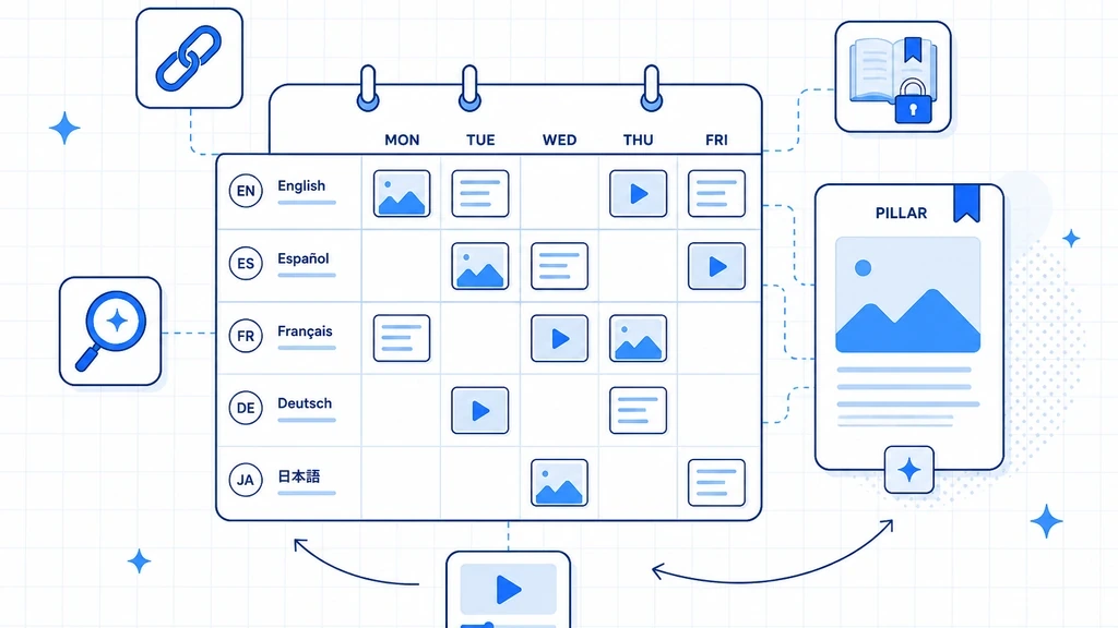 Global Content Strategy: an editorial calendar with locale lanes and a shared pillar card on a white grid
