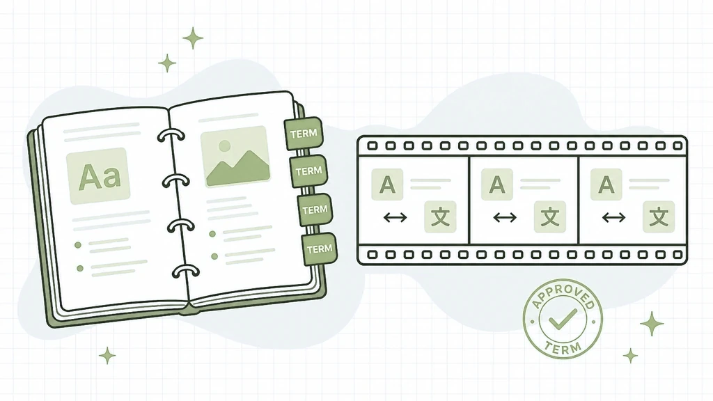 Glossary and Translation Memory for SEO: an open glossary binder beside a translation-memory film-strip on a white grid