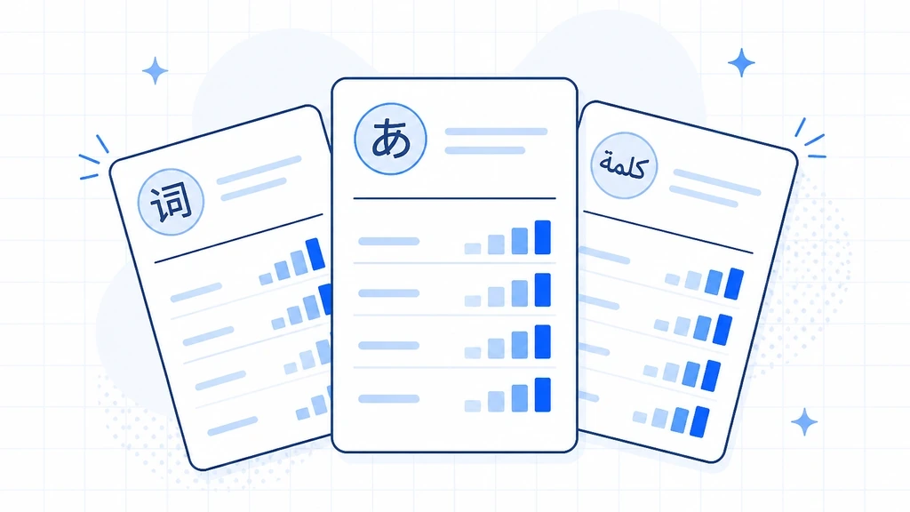 International Keyword Research: keyword cards in different scripts with abstract volume bars on a white grid