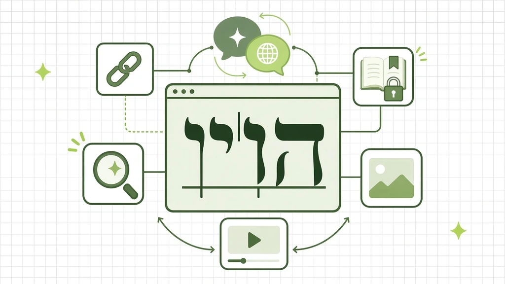 Translate Website to Hebrew: an RTL Hebrew letter-block card with niqqud dots and a /he chip on a white grid