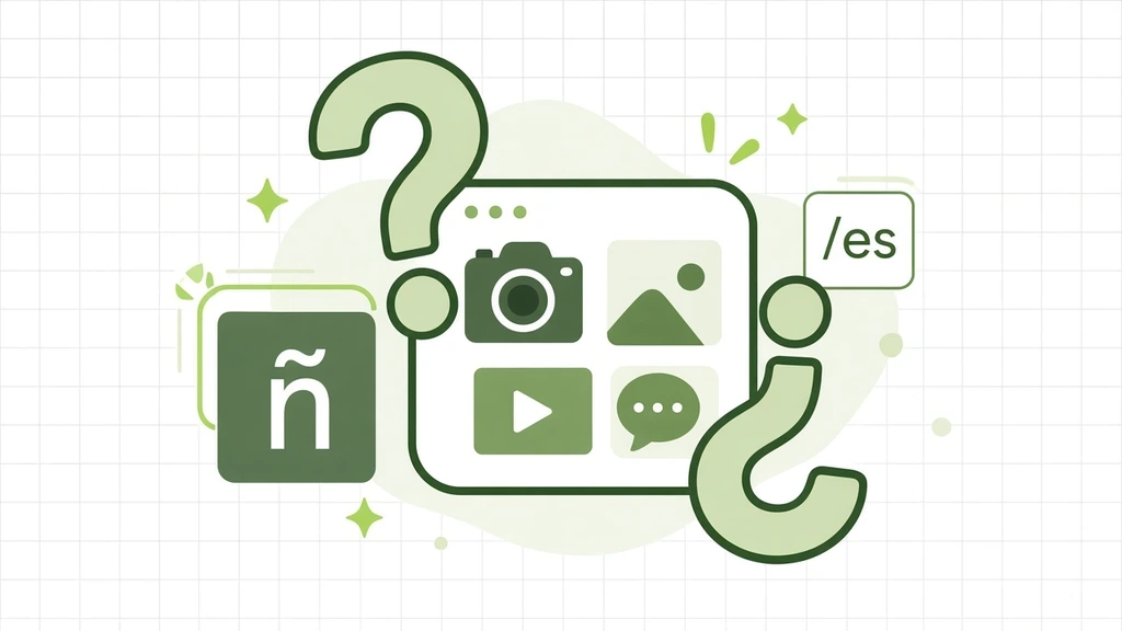Translate Website to Spanish: Spanish inverted-punctuation ornaments and an ñ tile with an /es chip on a white grid