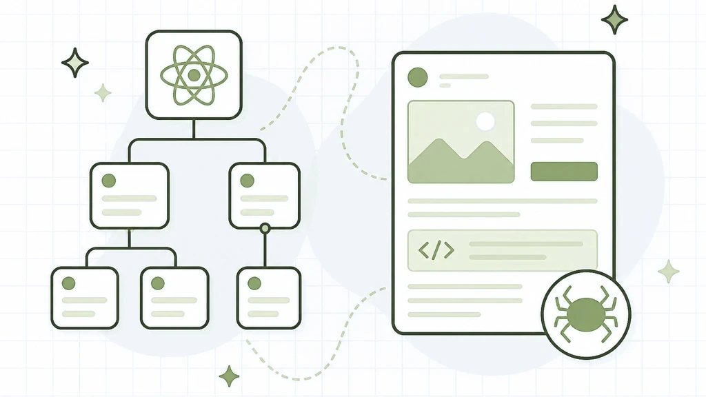 Translating a React Website: a React component tree resolving into crawlable HTML locale output on a white grid